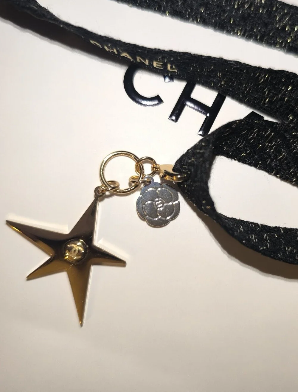 Chanel Comete Star Camelia Charm On Limited  Edition Ribbon Necklace Choker